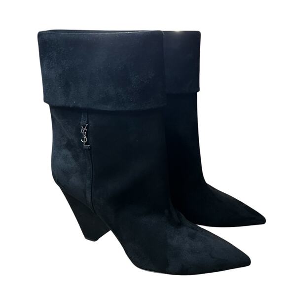 Saint Laurent Silver Monogram Niki Booties In Black Suede NEW EU 37.5 US 7.5 - Picture 1 of 10